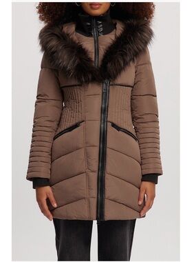 Noize Gigi Vegan Faux Fur Trim Quilted Parka Coat, Size Medium (8-10), Mocha NWT